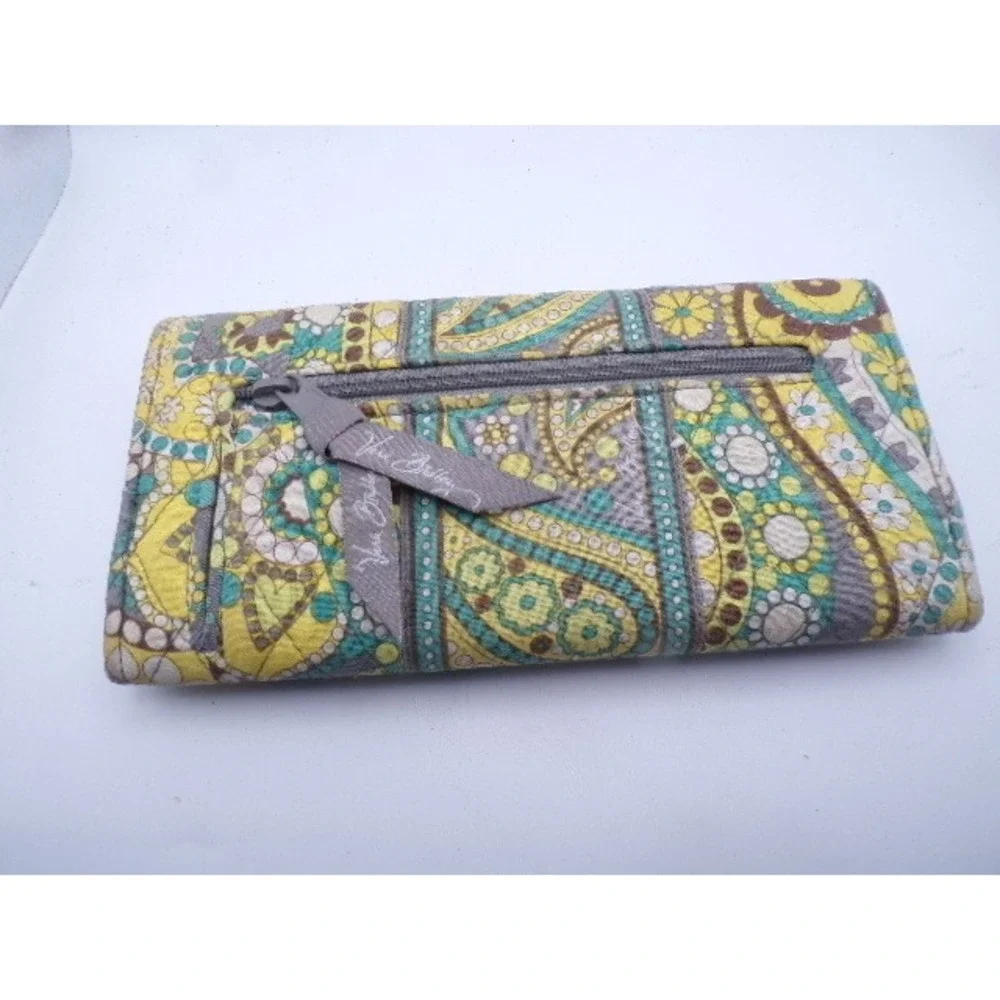 Vera Bradley Wallet Paisley Floral Yellow Blue Gray Zip Around Clutch Organizer - Picture 1 of 3